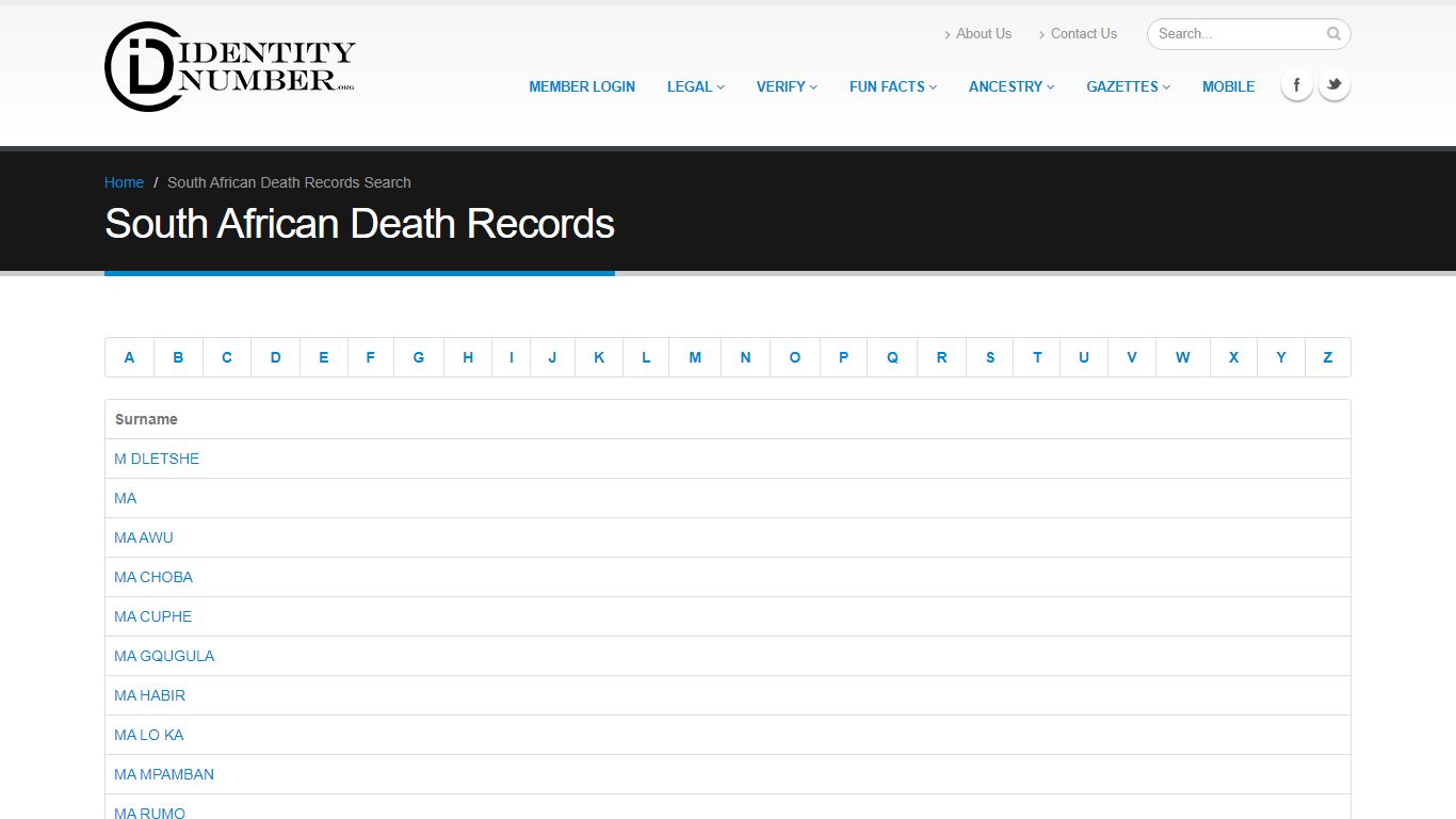 South African Death Records Surname Index - identity number